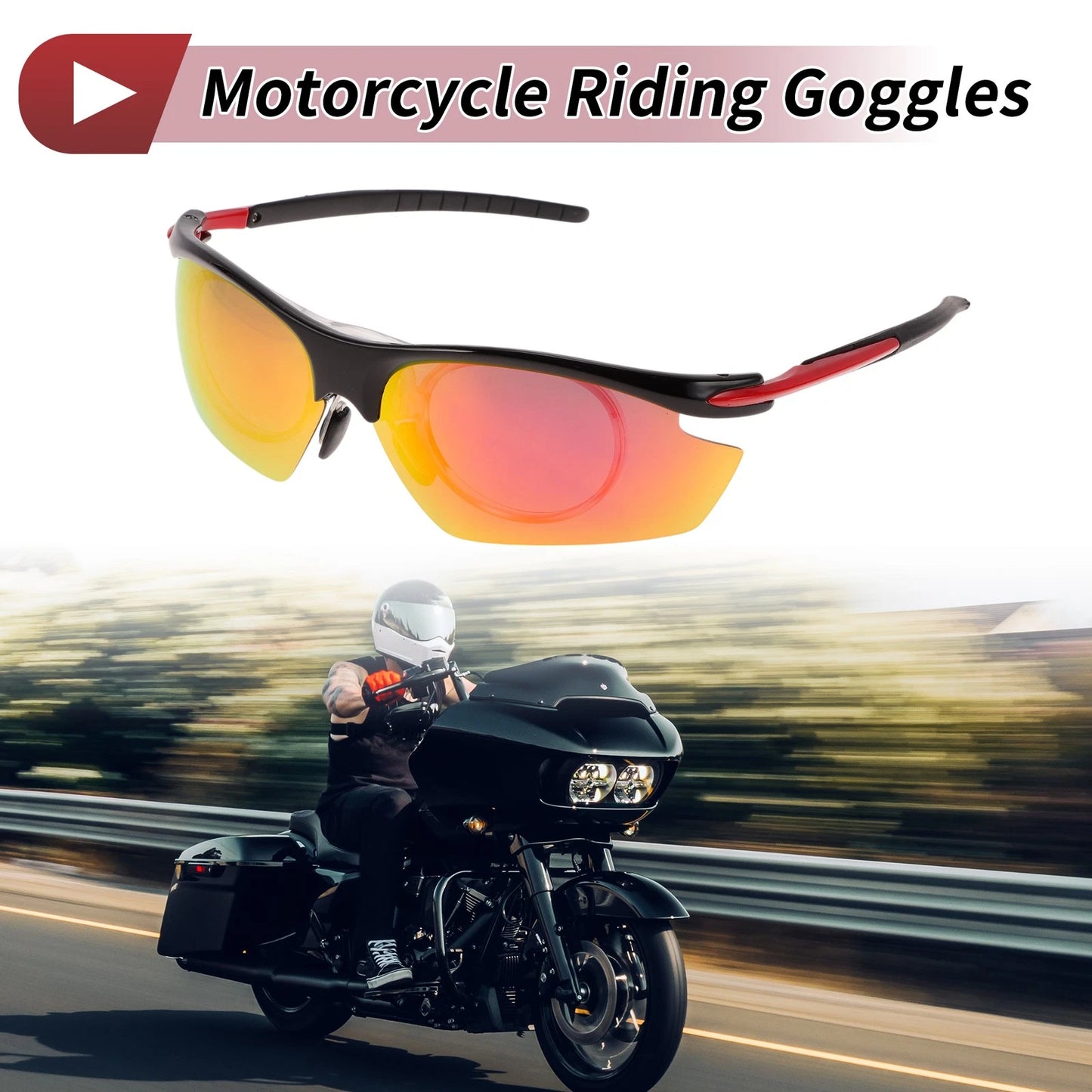 Goggles Motorcycle Riding Red Lens Black Red Frame Tri-acetel Cellulose