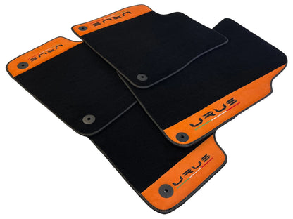 Black Floor Mats for Lamborghini Urus with Orange Alcantara Leather (2018-2024)