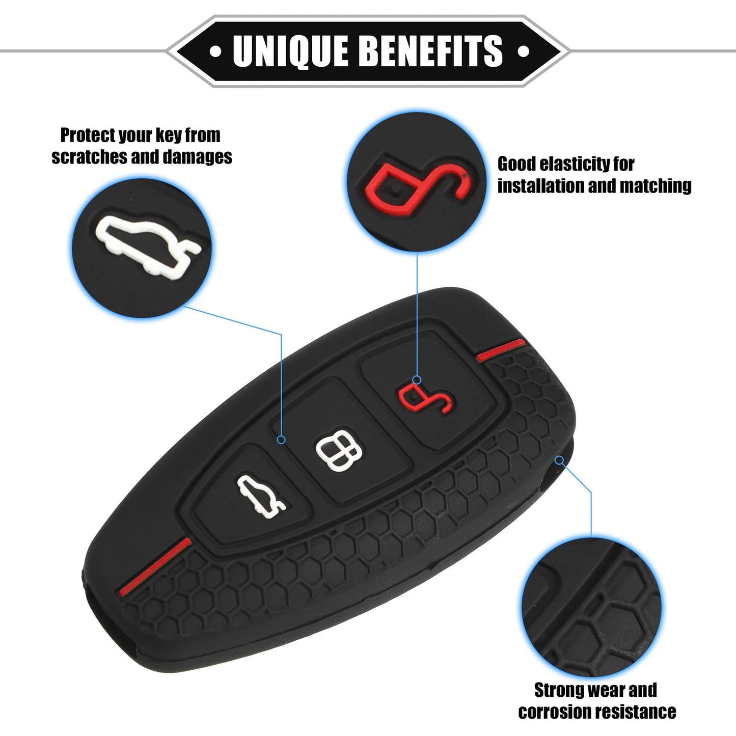 Key Fob Cover for Ford 3 Button Car Key Silicone Black & Red