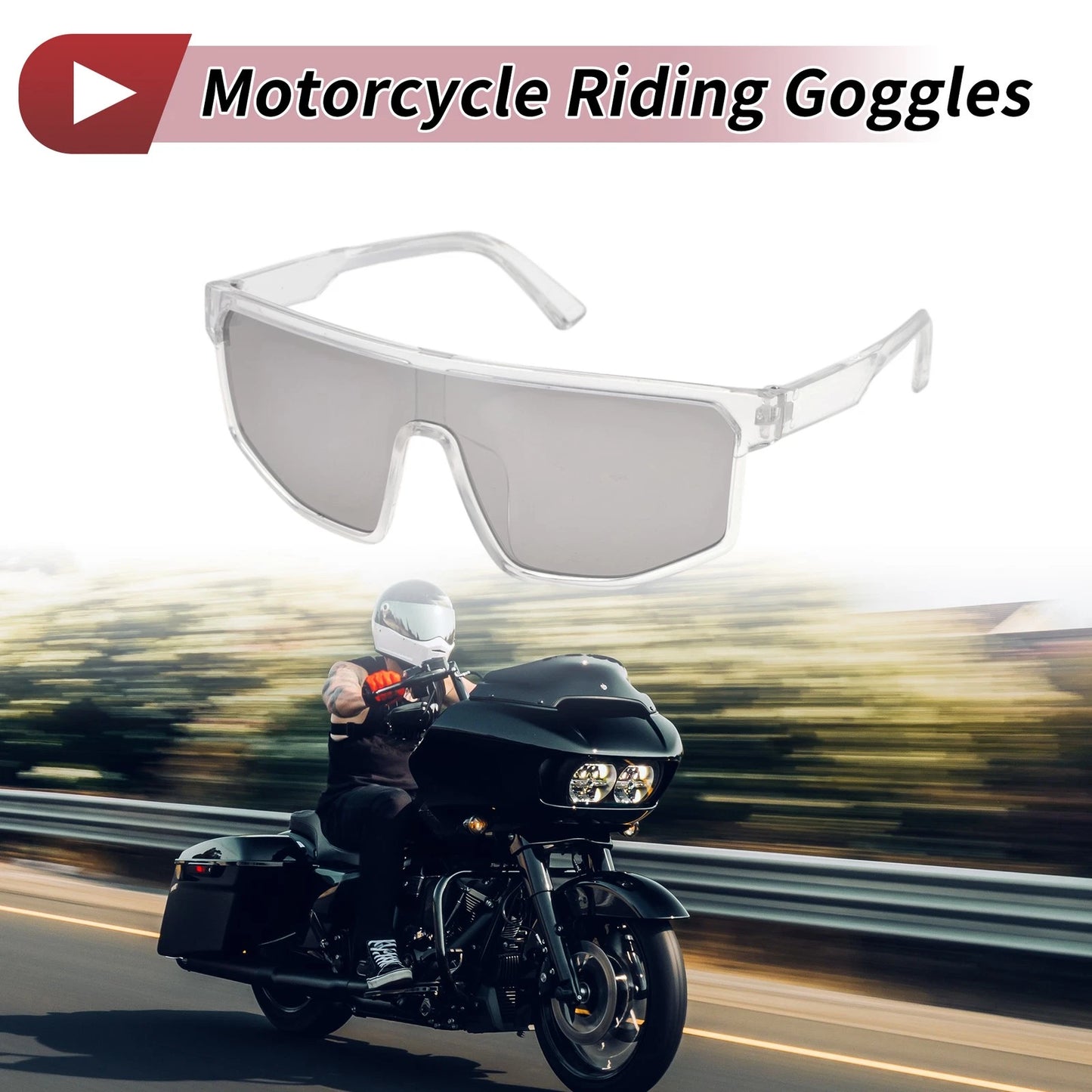 Motorcycle Riding Goggles Silver Tone Lens Transparent Frame Cycling Sunglasses