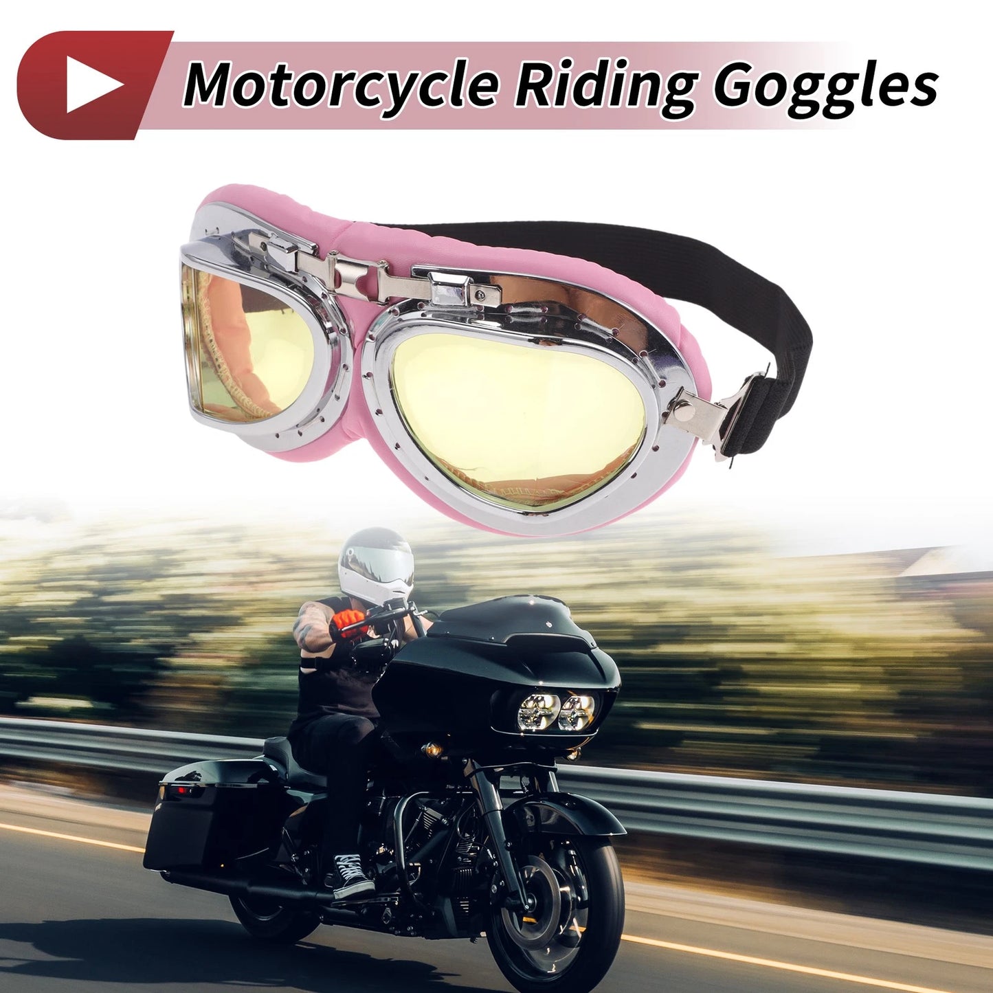 1 Pc Motorcycle Goggles Yellow Lens Pink Silver Tone Frame PU Sponge for Bike