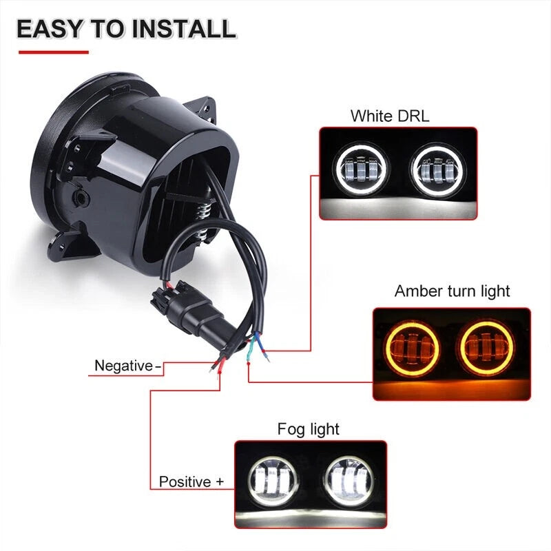 2 x 4" LED Fog Light Lamps with White Halo for Jeep Wrangler (2011-2018)