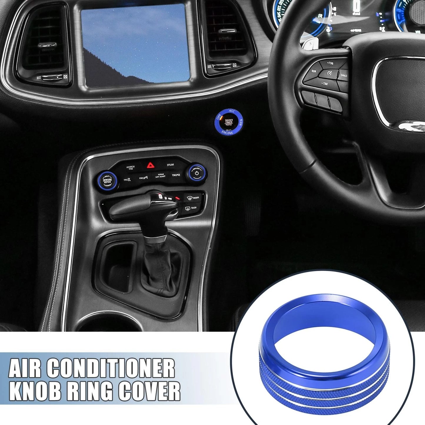Air Conditioner Knob Ring Covers Engine Start Button Cover Set for Dodge Blue