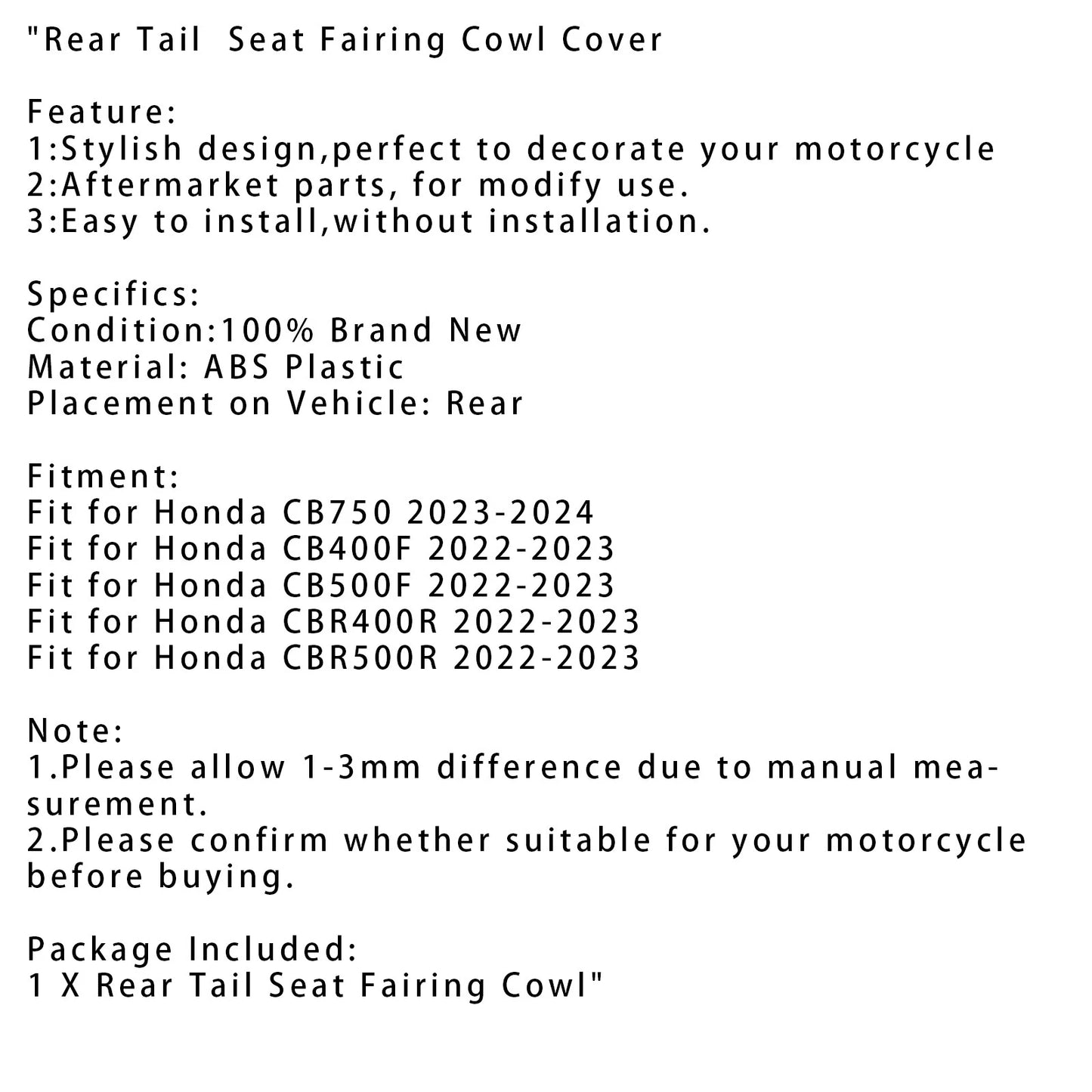 Rear Seat Fairing Cover for Honda CB750, CB400F, CB500F, CBR400R, CBR500R (1970-2023)