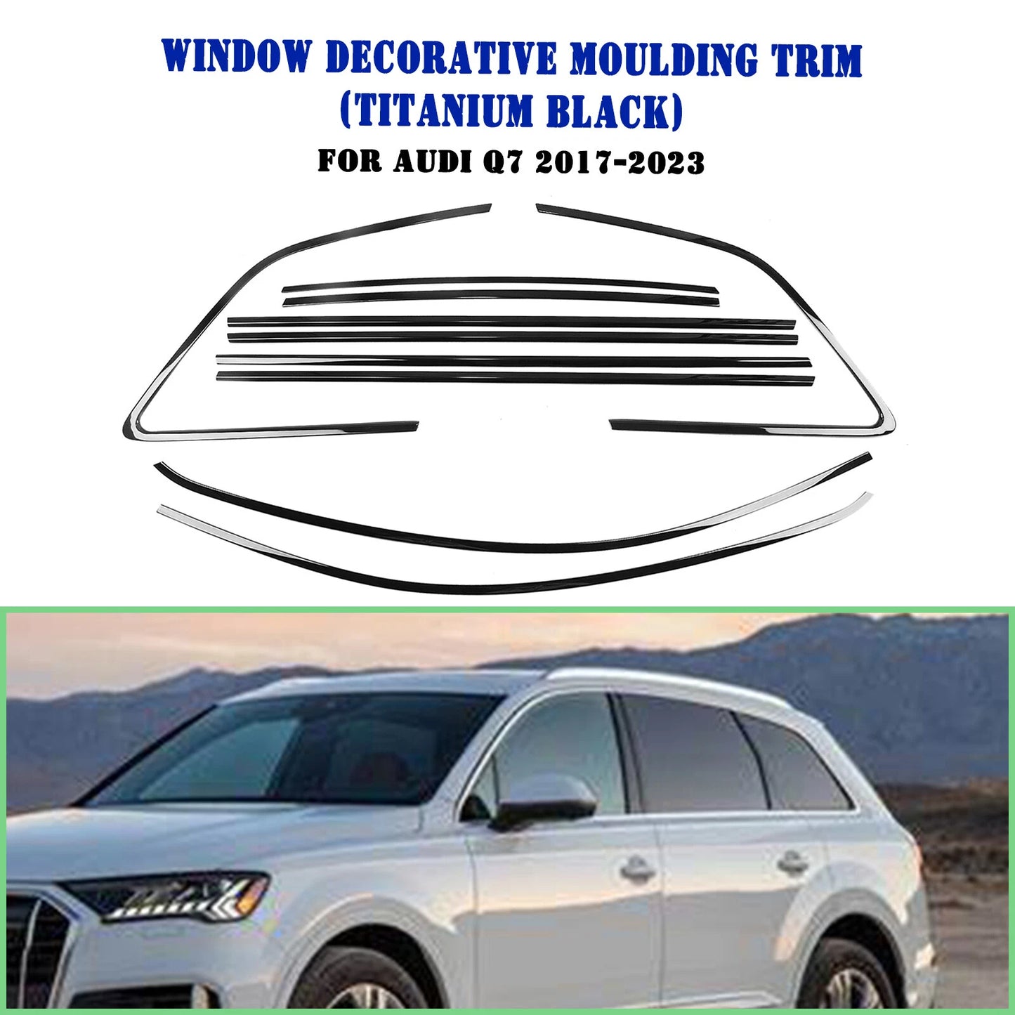 10 x Titanium Black Window Strip Moulding Seals for Audi Q7 (2017-2024)