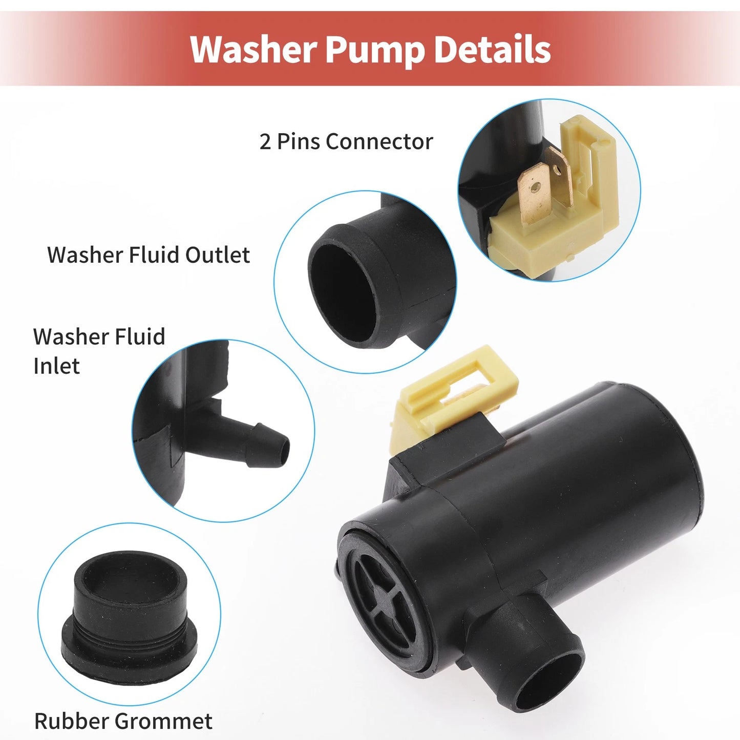 Windshield Washer Pump w/ Grommet for Ford (No.1S7117K624DB)