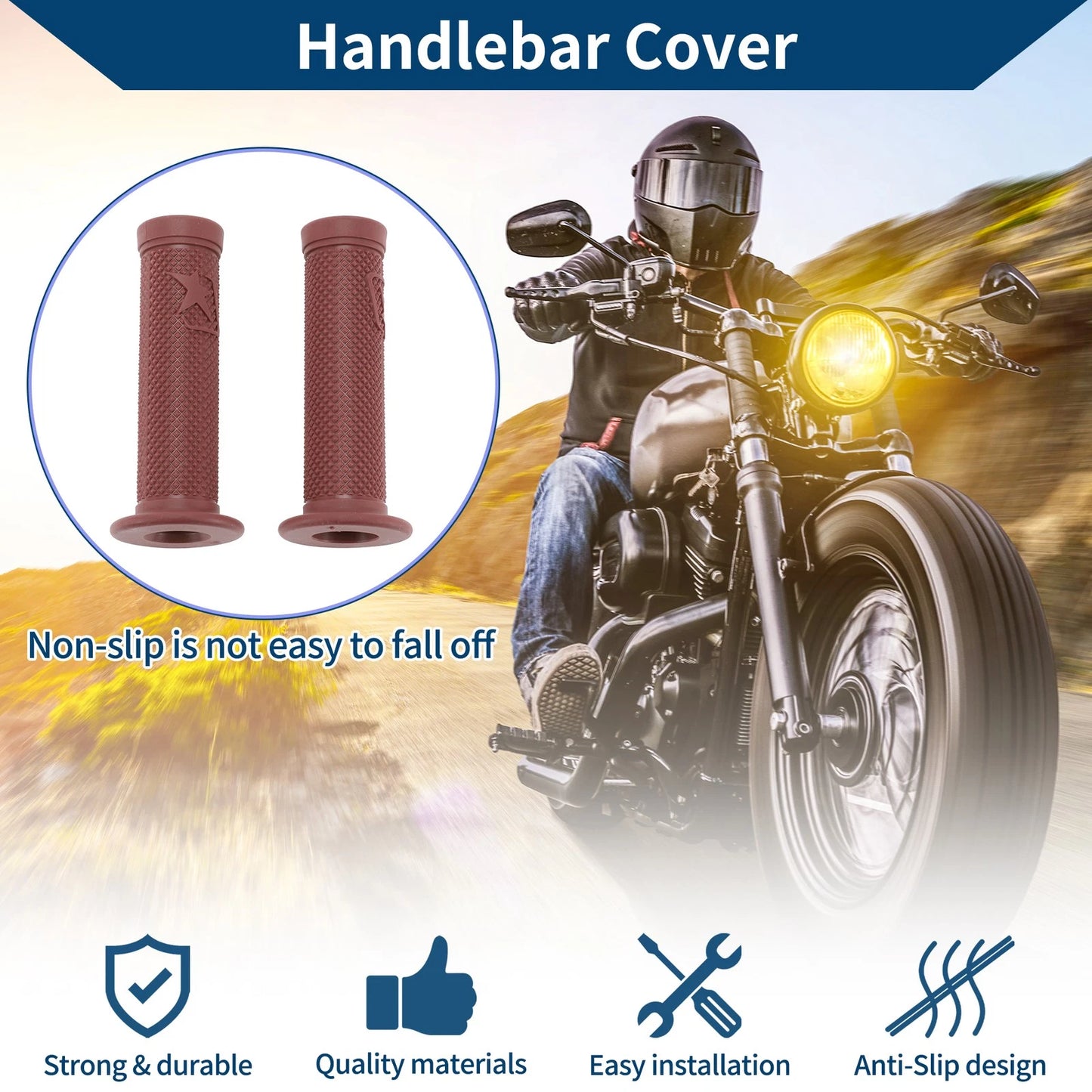 7/8" 22mm Hand Grips Cover Rubber Deep Brown for Motorcycle