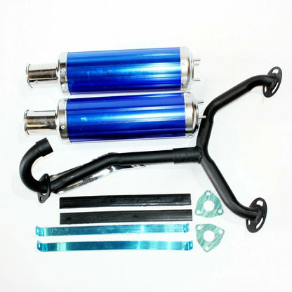 Blue Alloy Twin Exhaust Pipe Mufflers for 250cc Dinosaur Style Quad ATV