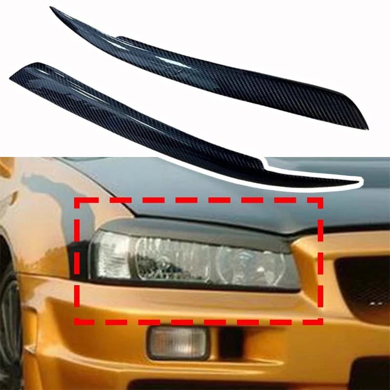 Real Carbon Fiber Headlight Lamp Eyebrow Cover Trim For Nissan Skyline R33