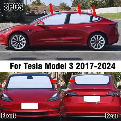 8x Front Side Rear Window Privacy Sunshade for Tesla Model 3 (2017–2024)