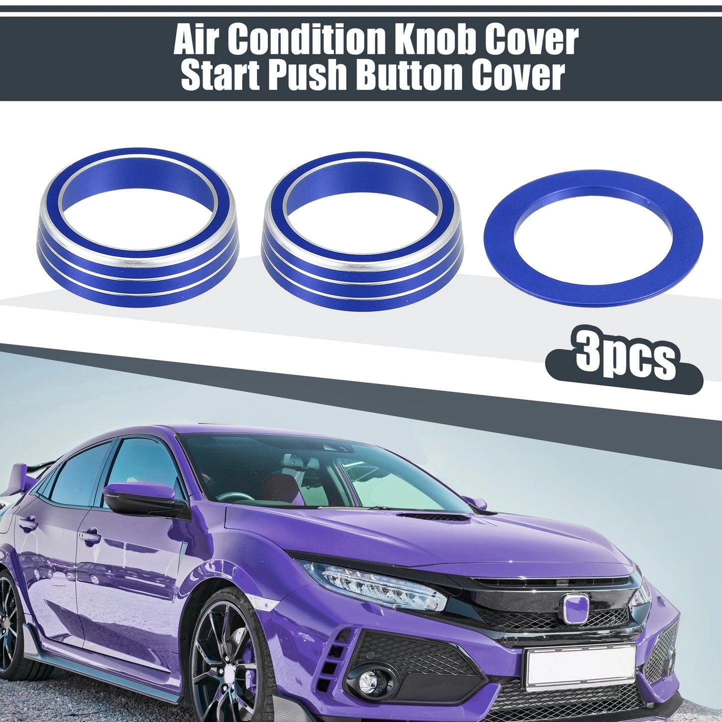 3 x Blue AC Knob Covers & Engine Start Button Cover for Honda Civic (2016-2021)