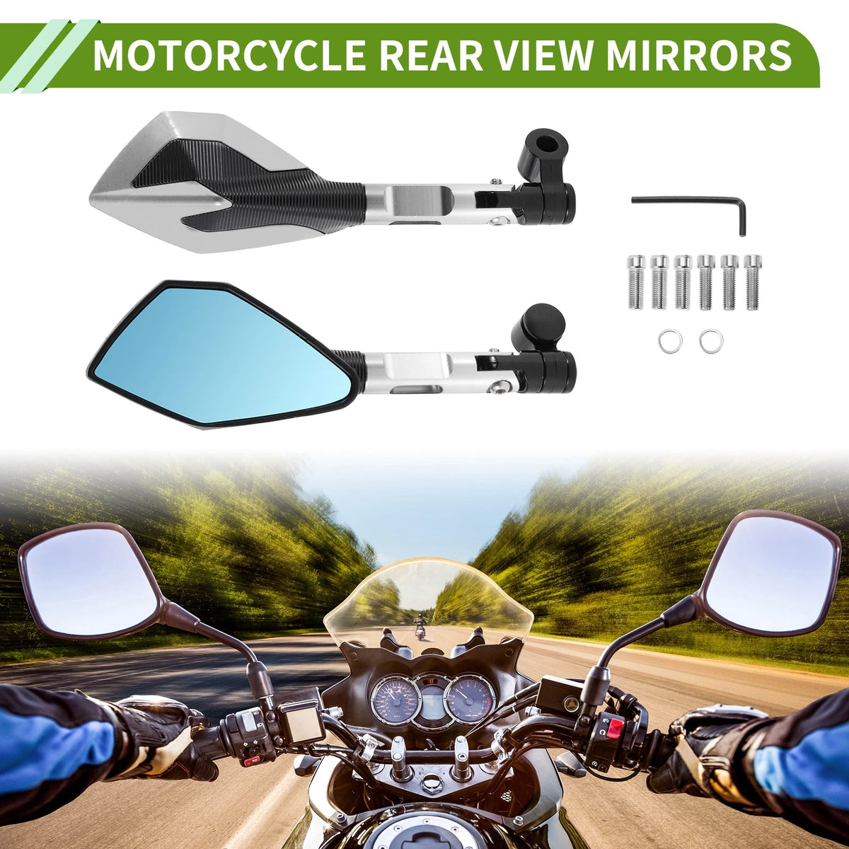 2 x Rear View Mirrors Polygonal Shape Silver Tone Aluminum Alloy for M8/M10 Motorcycle