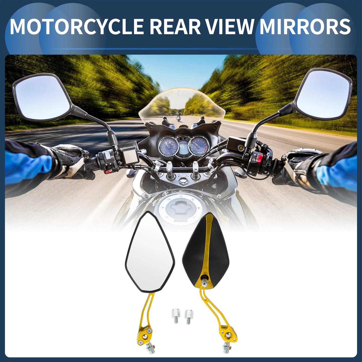 M8/M10 Rear View Mirrors for Motorcycle Black Gold Tone Plastic