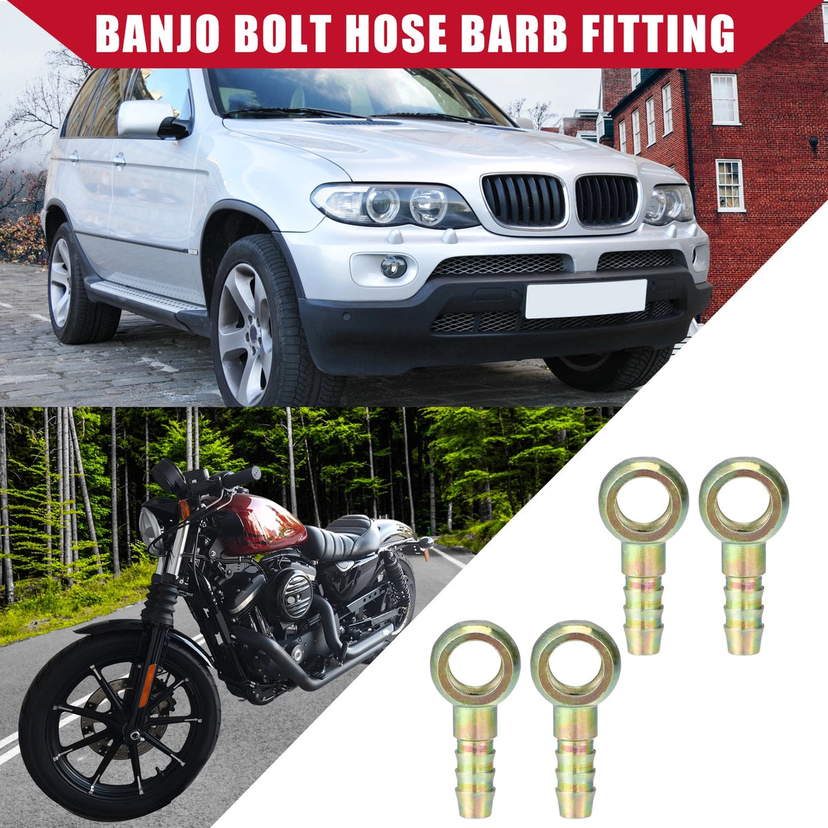 4 x Banjo Bolt Hose Barb Fitting 12mm ID 10mm OD for Car Motorcycle