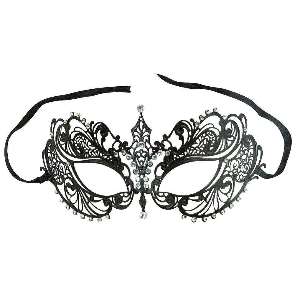 Venetian Metal Filigree Laser Cut Masquerade Black Mask with Rhinestones