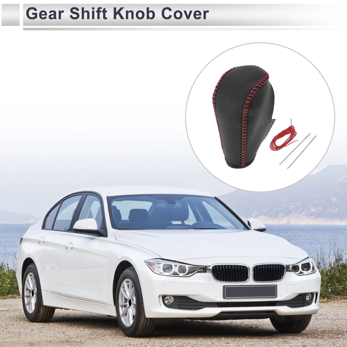 Black Red Faux Leather Gear Shift Knob Cover for BMW 3 Series (2004-2012)