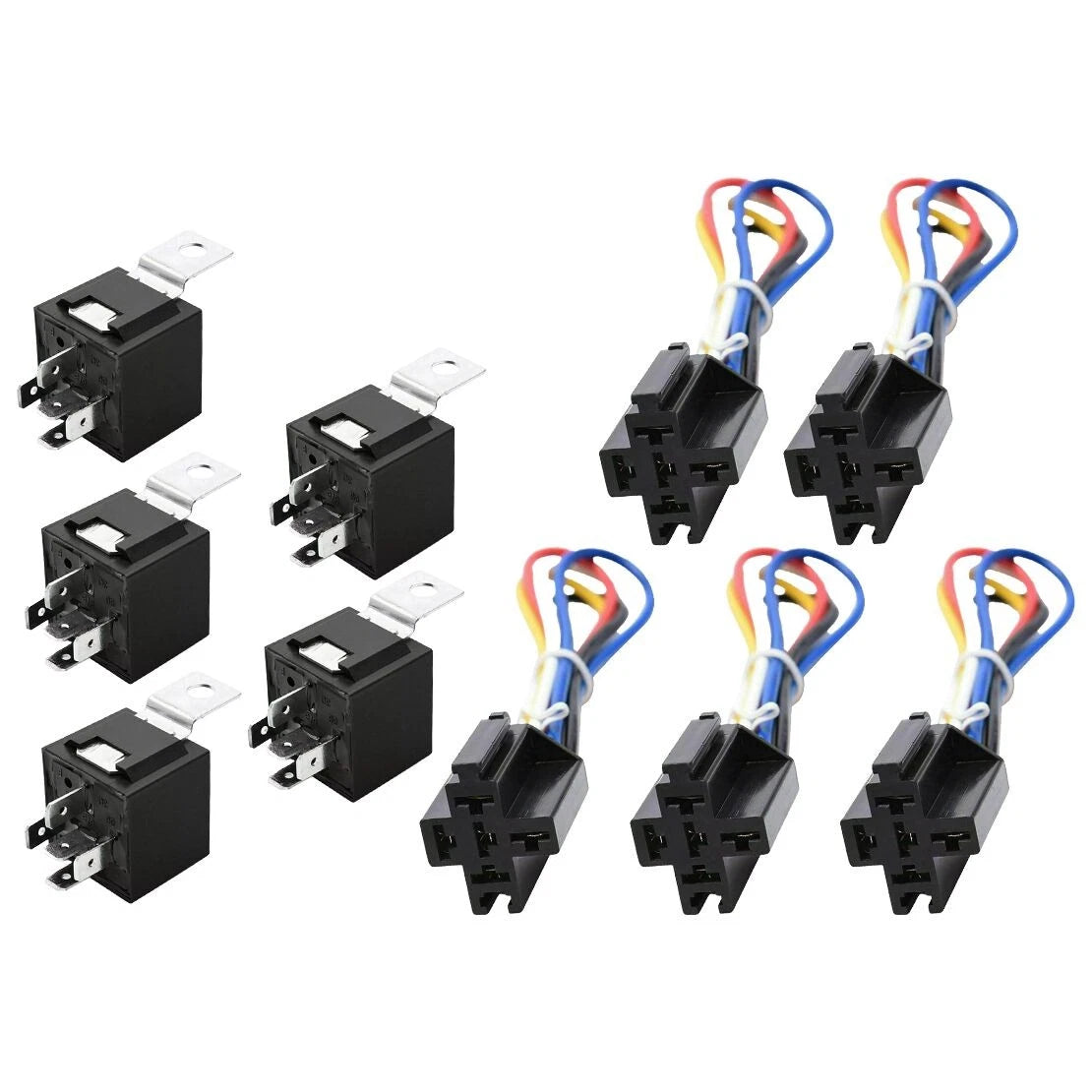 5 x 12V 40 Amp SPDT 5-Pin Automotive Relays with Wires & Harness Socket Set