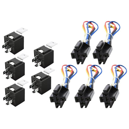5 x 12V 40 Amp SPDT 5-Pin Automotive Relays with Wires & Harness Socket Set