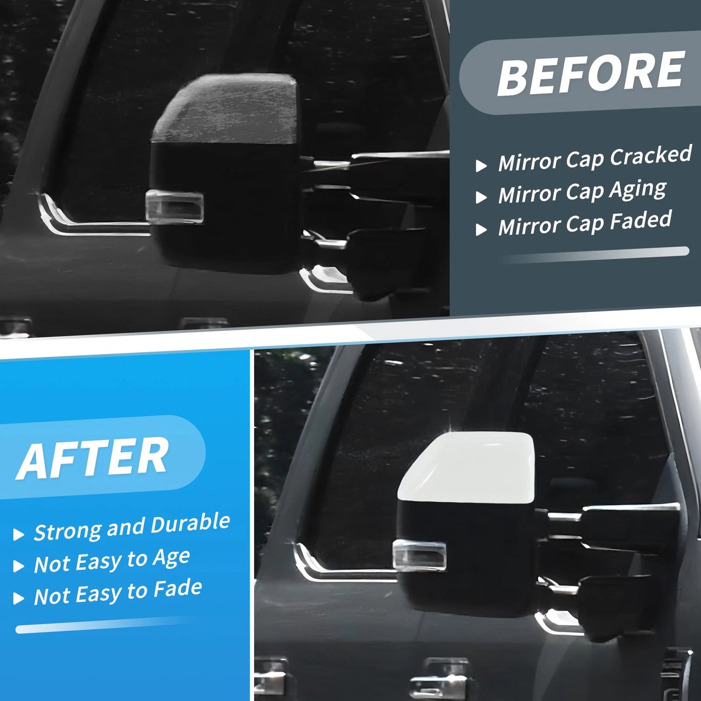 2 x White Top Half Door Mirror Cap Covers for Ford F250 F350 Super Duty (2017-2024)