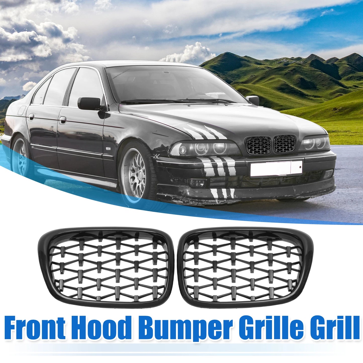 Front Hood Bumper Grille for BMW 525i 530i E39 (2001-2003) Gloss Black Pair