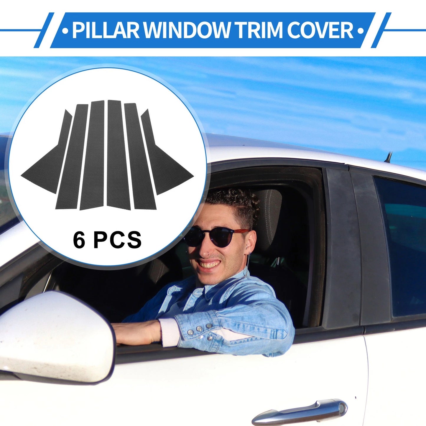 6 Pcs Door Pillar Window Trim for Hyundai Kona Carbon Fiber Black 2018-2023