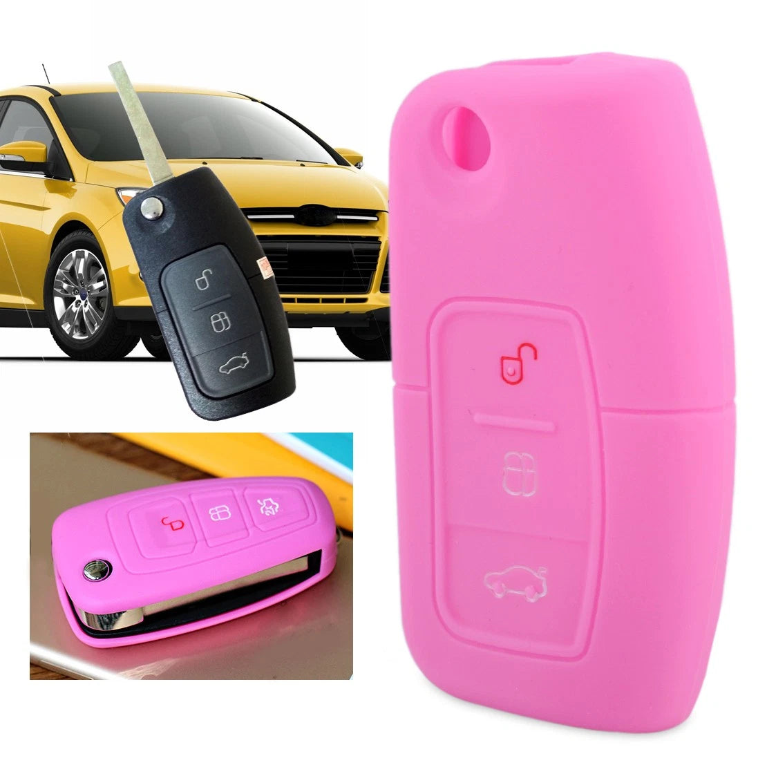 Silicone Key Cover 2 x Button Pink Protective Case for Ford Mondeo Kuga