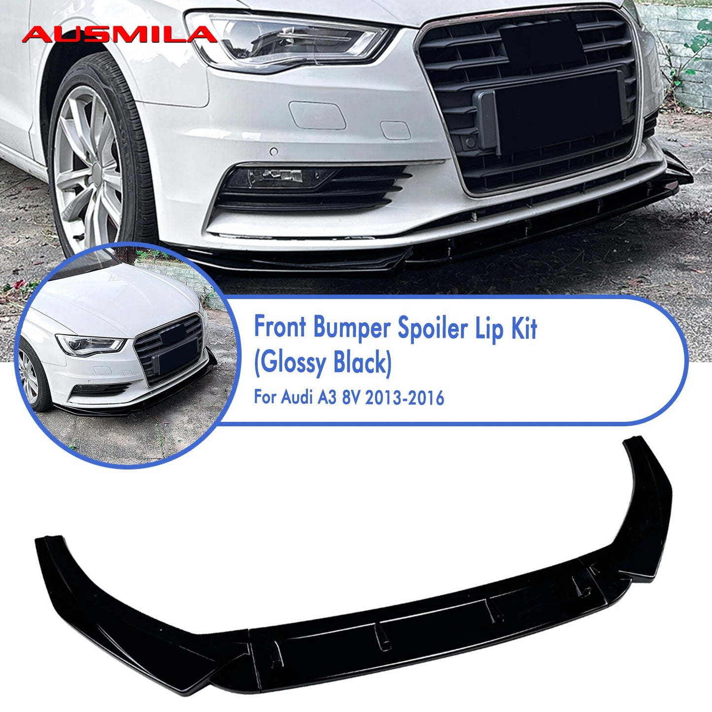 Gloss Black Front Bumper Spoiler Lip for Audi A3 8V (2013-2016)
