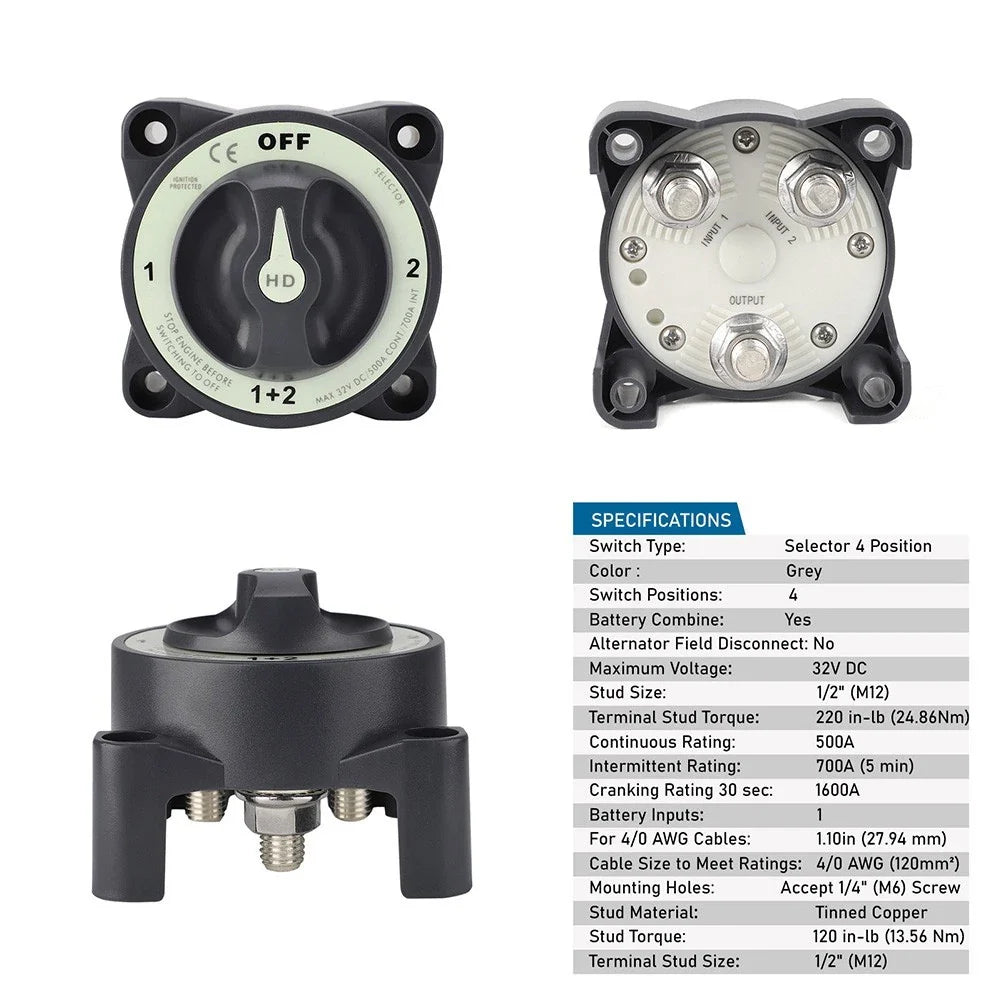 Marine 4 Position Battery Switch 500A for Boats/RVs