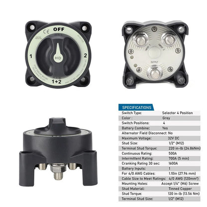 Marine 4 Position Battery Switch 500A for Boats/RVs