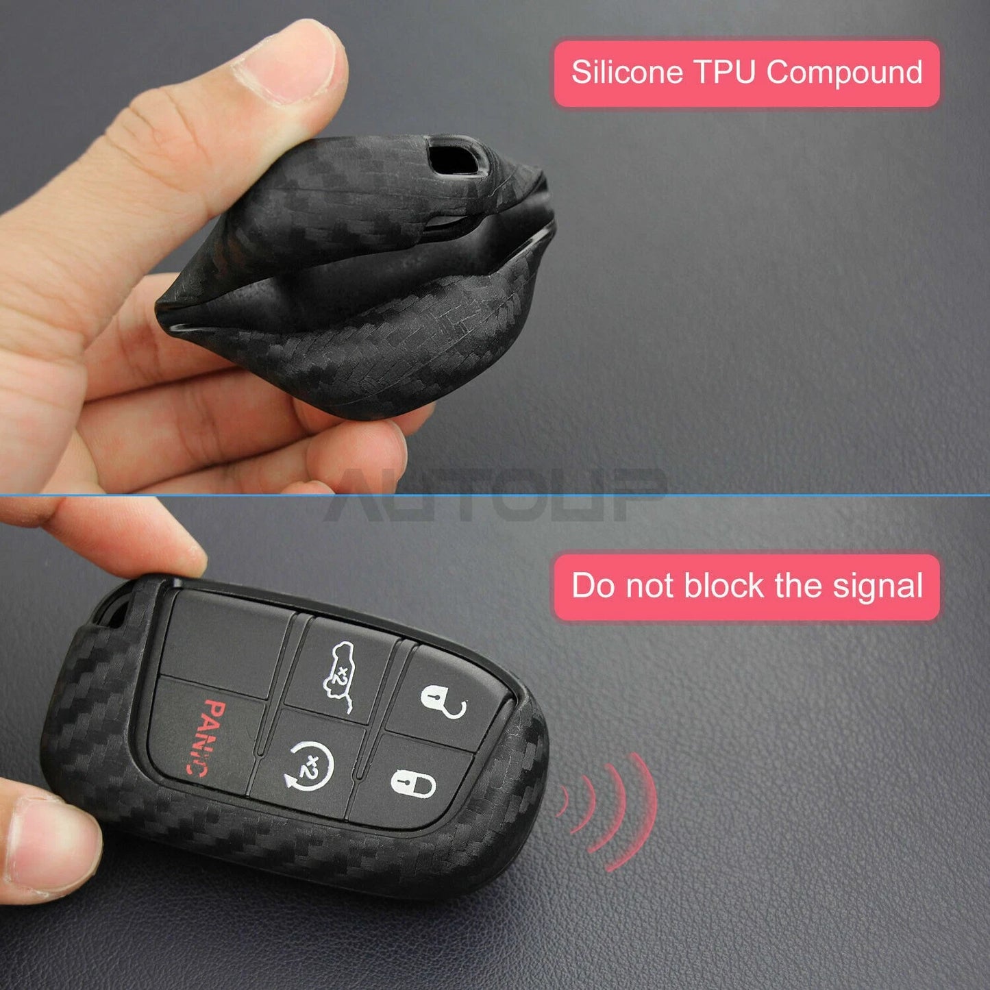 Carbon Fiber Key Fob Chain Accessories Cover Case Ring for Jeep Dodge Chrysler