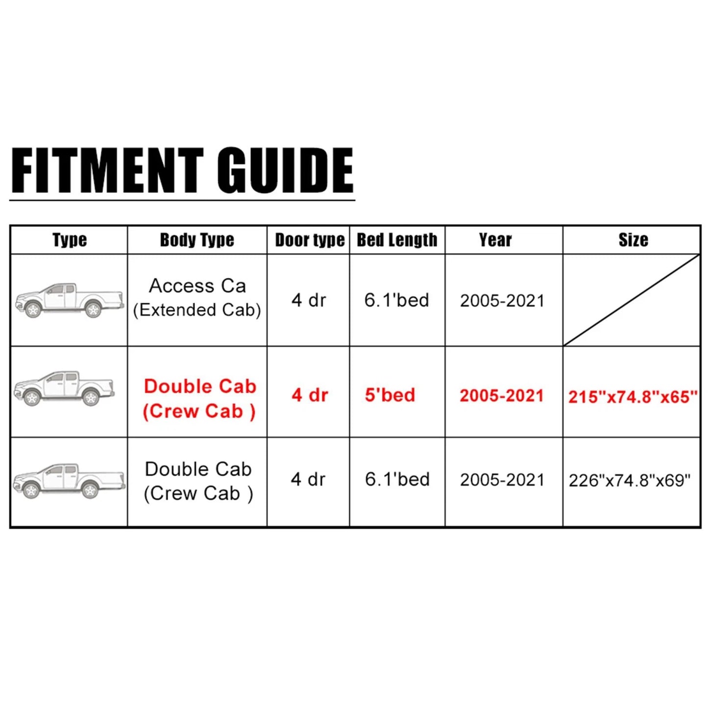 Pickup Truck Cover for Toyota Tacoma Extended Cab Crew Cab 4-Door (2005–2021)
