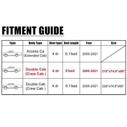 Pickup Truck Cover for Toyota Tacoma Extended Cab Crew Cab 4-Door (2005–2021)