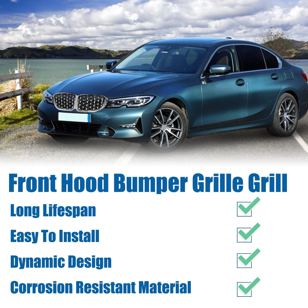 Front Hood Bumper Grille for BMW 330i 330e M340i Diamond Star Silver Tone