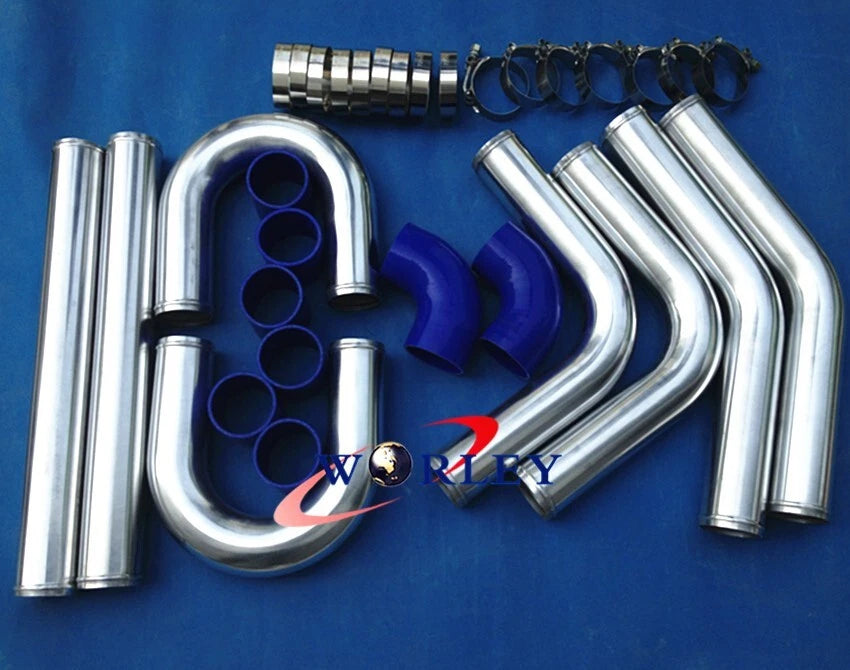 2.25" Aluminum Universal Intercooler Turbo Piping Kit + Blue Hoses for Cars