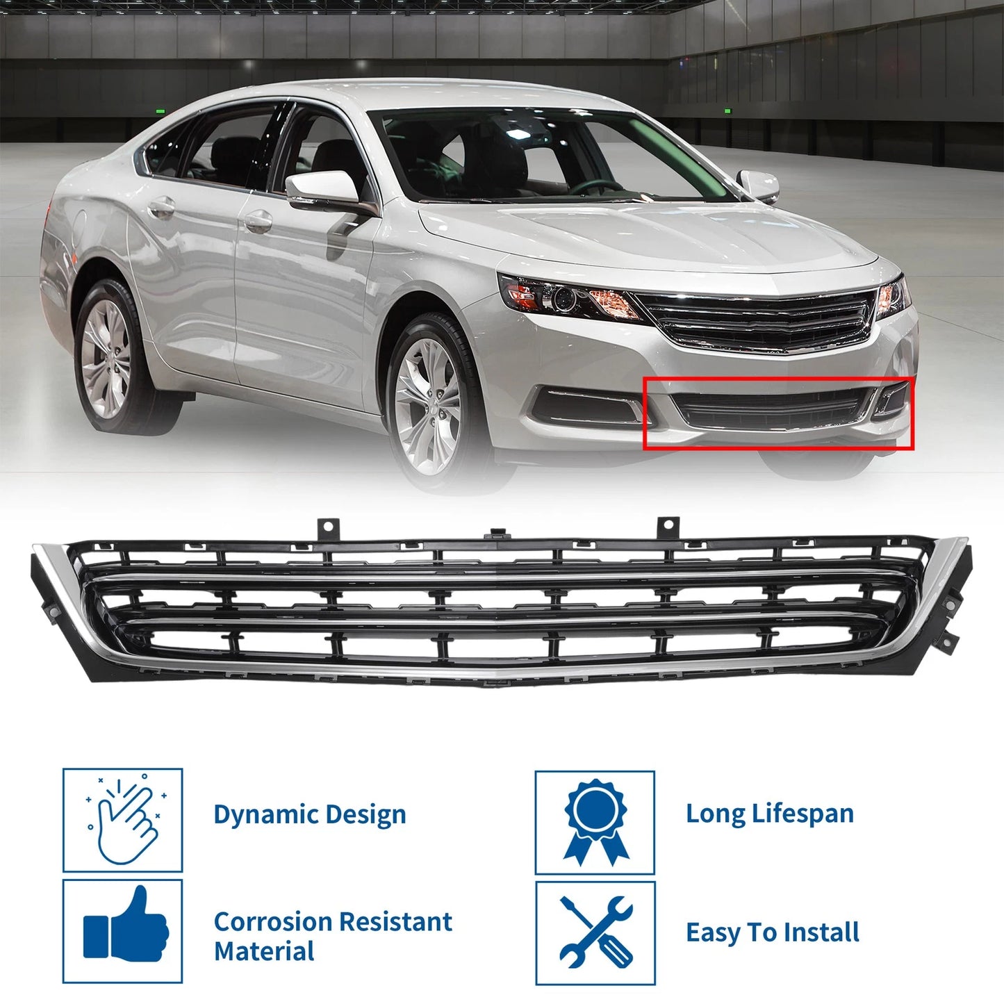Front Lower Bumper Grille Chrome Silver Tone for Chevrolet Impala (2014-2020)