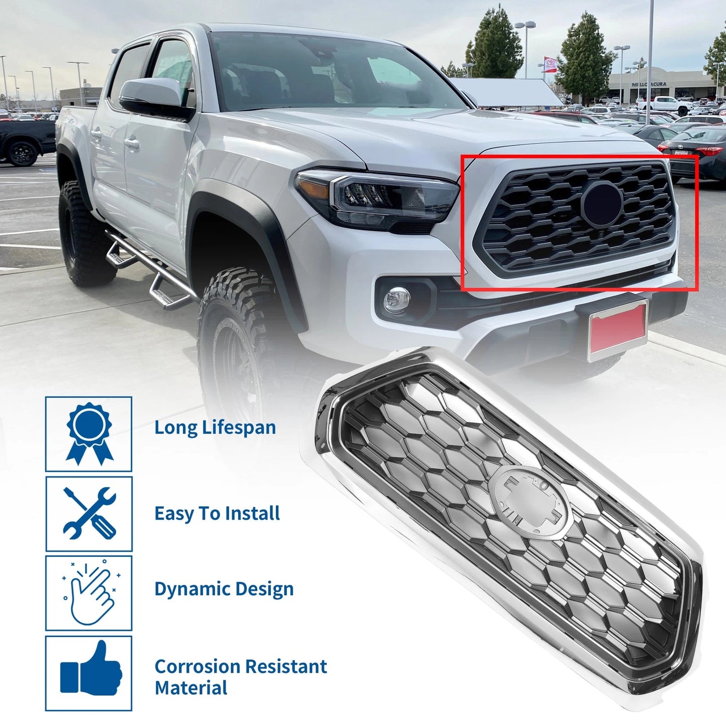 Front Hood Bumper Grille for Toyota Tacoma (2021–2023) Chrome Silver Tone