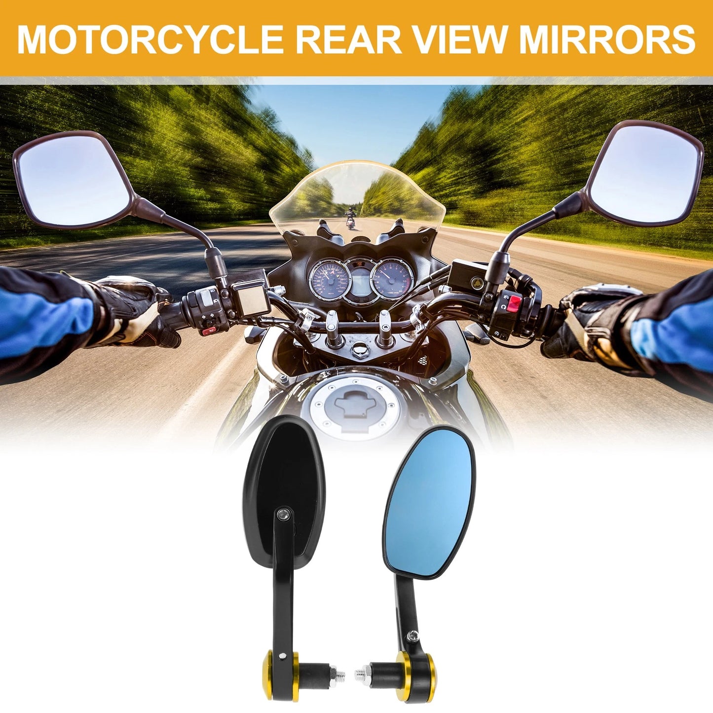 M8 Motorcycle Rear View Mirror Handlebar Mirror Black Gold Tone Aluminum