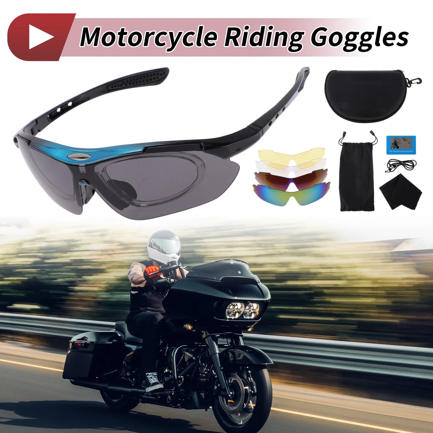 Goggles for Motorcycle Riding Dark Gray Lens Blue Frame Cycling Sunglasses