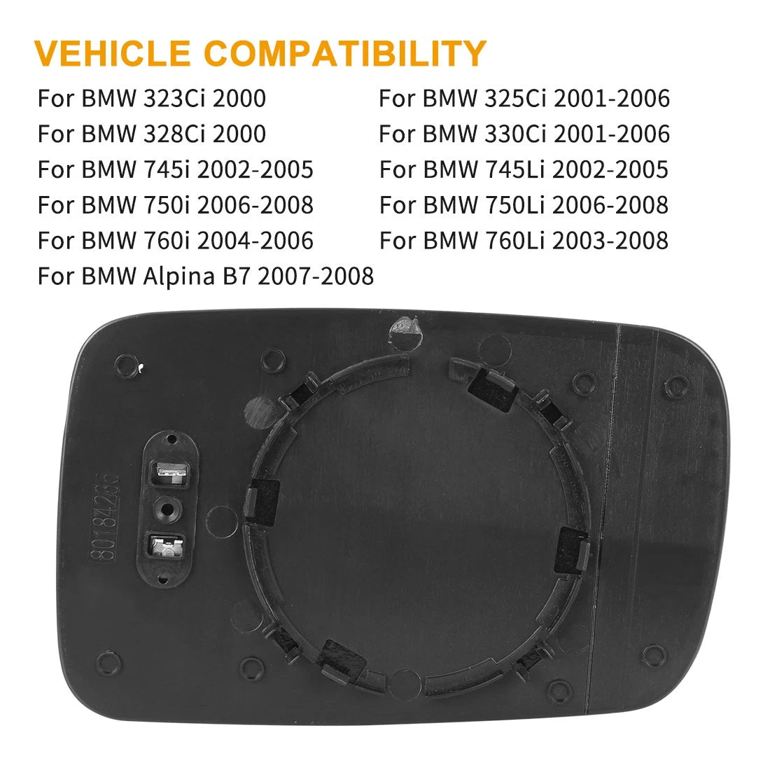 Heated Mirror Glass with Backing Plate Left Side for BMW 325Ci, 760Li
