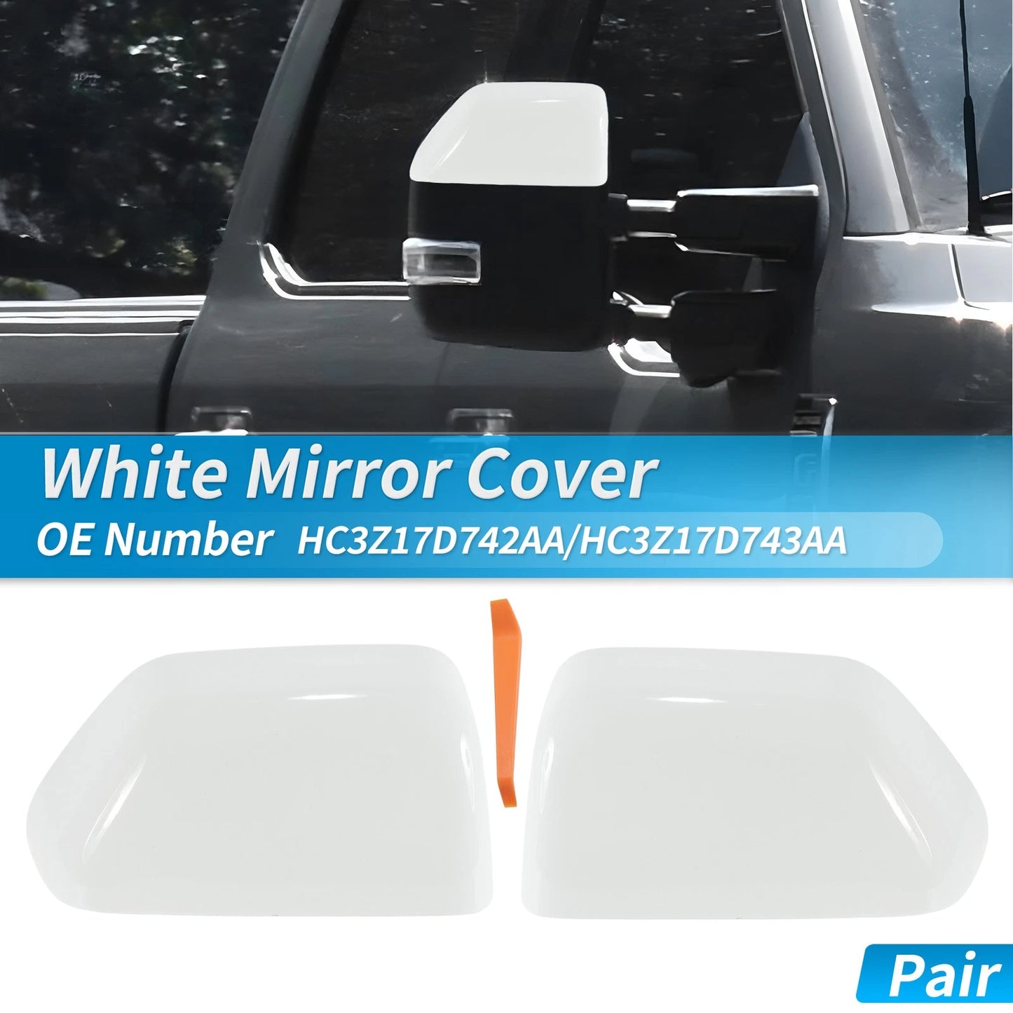 2 x White Top Half Door Mirror Cap Covers for Ford F250 F350 Super Duty (2017-2024)