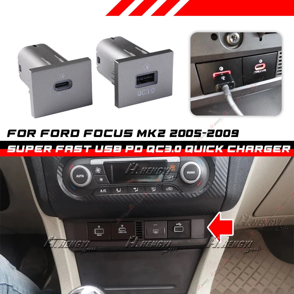 USB-C PD + QC3.0 Dual Port Charger for Ford Focus MK2 (2005–2009)