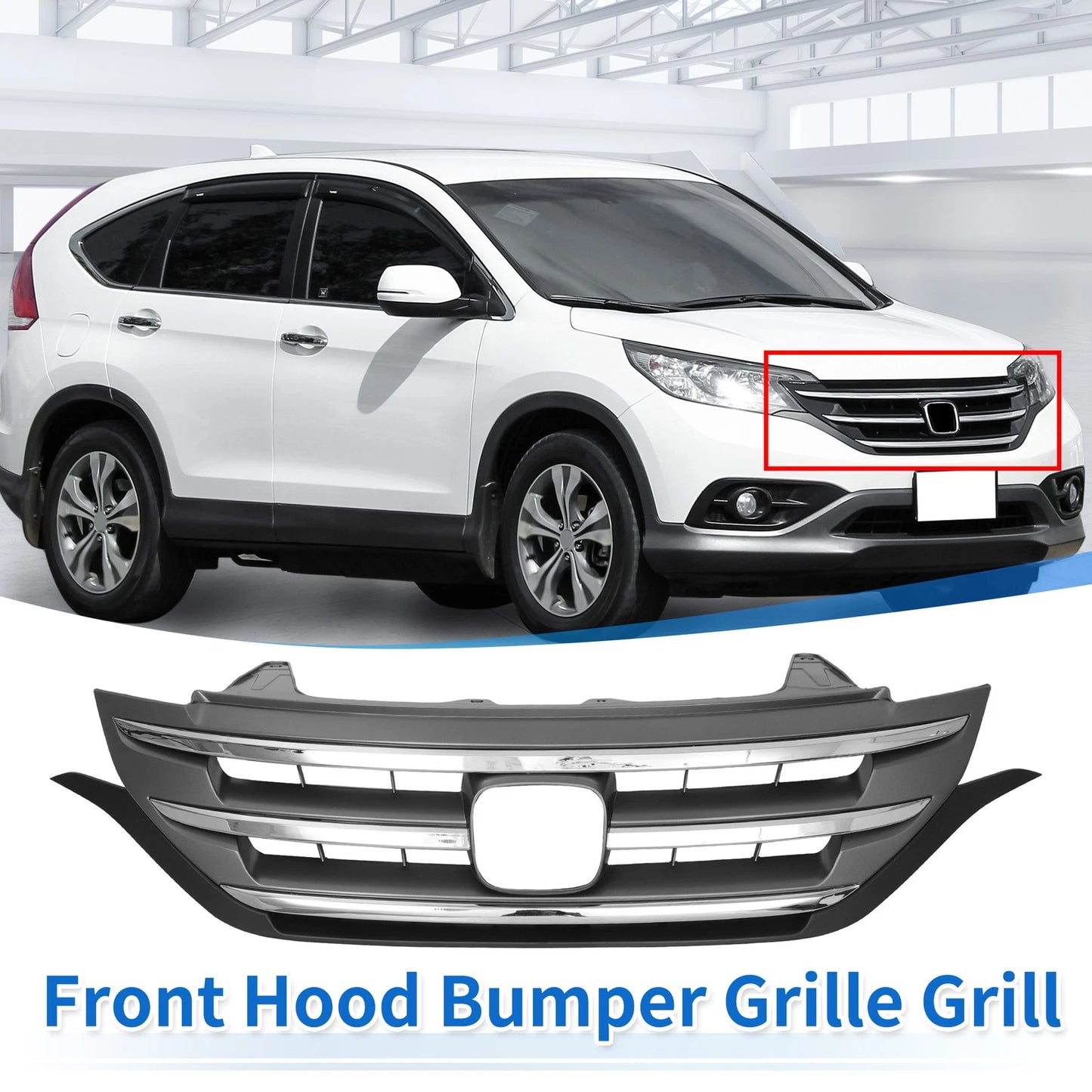 Front Upper Bumper Grille for Honda CR-V (2012-2014) Chrome Silver Tone