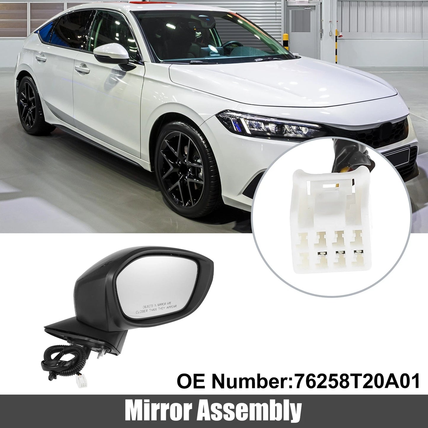3 Pin Right Side Exterior Door Mirror Assembly Black for Honda Civic (2022-2023)