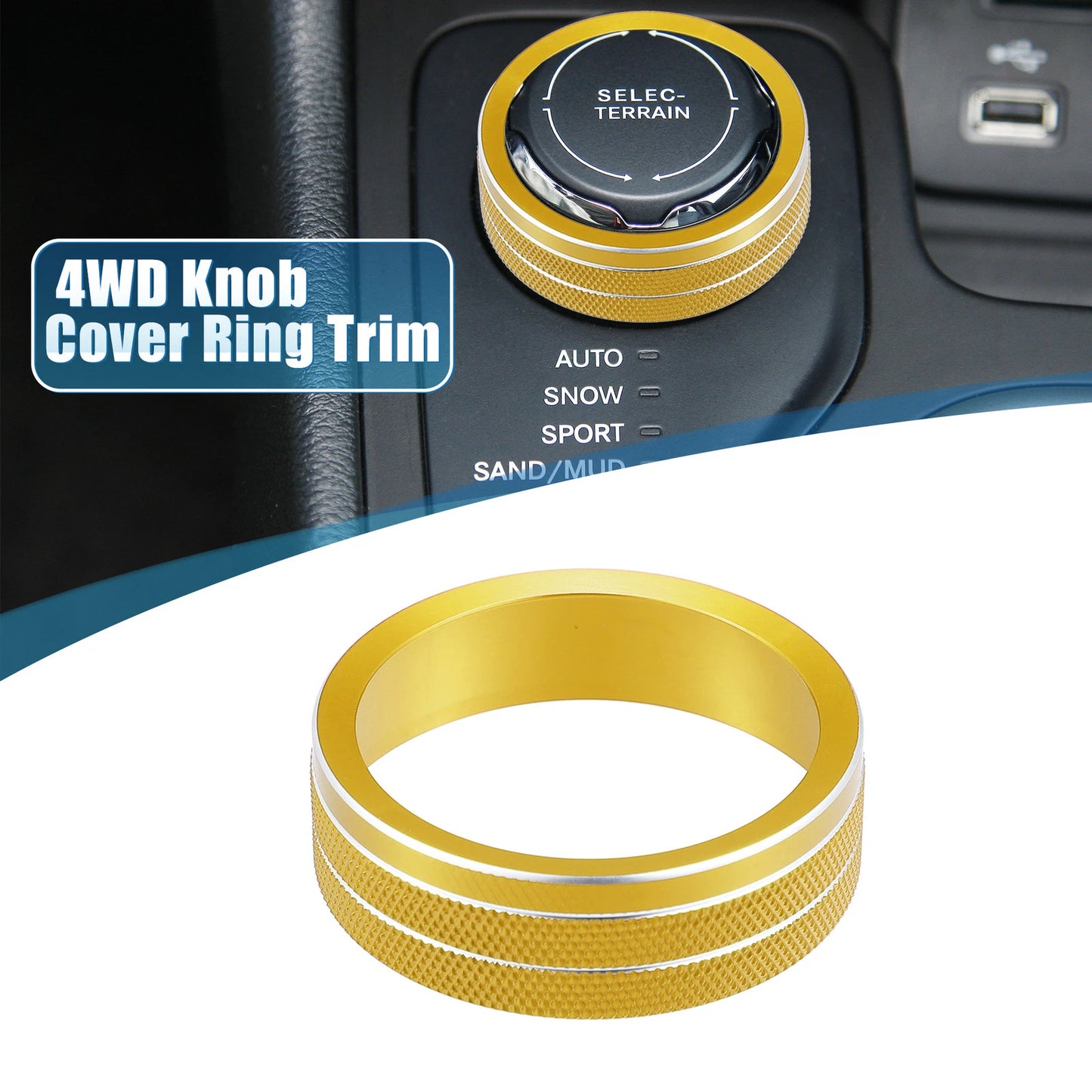 4WD Knob Cover Trim for Jeep Cherokee, Compass (2014-2021, 2017-2021) Gold Tone