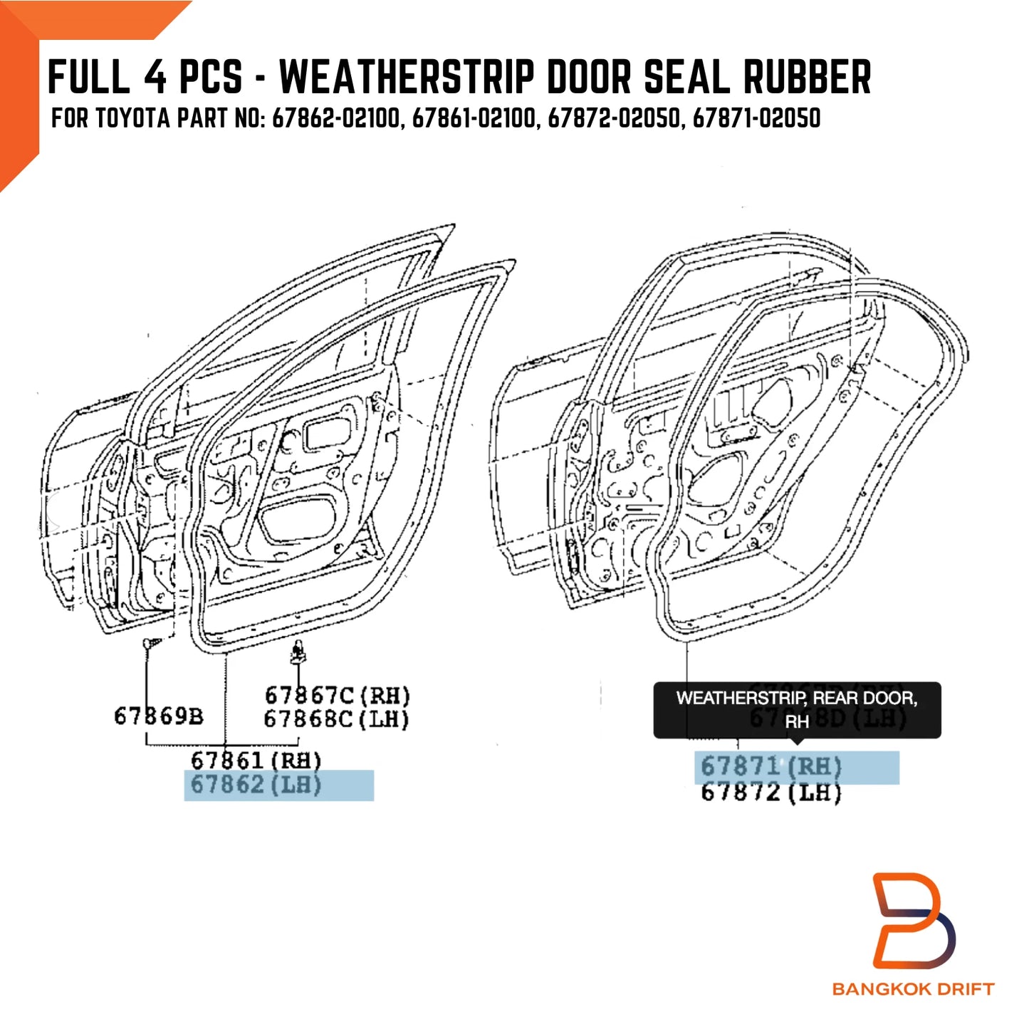Front & Rear Door Rubber Seal Weatherstrip for Toyota Corolla ZZE Altis (01-08)