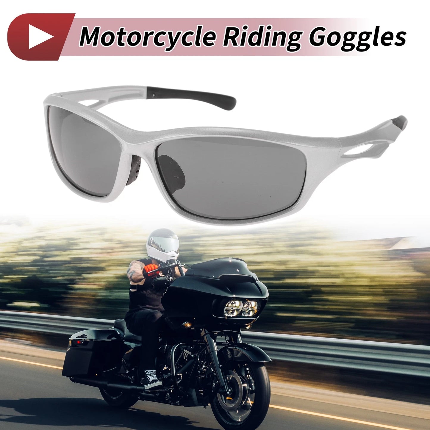 1 Motorcycle Riding Goggles - Deep Gray Lens, Silver Tone Frame for Motorcycles
