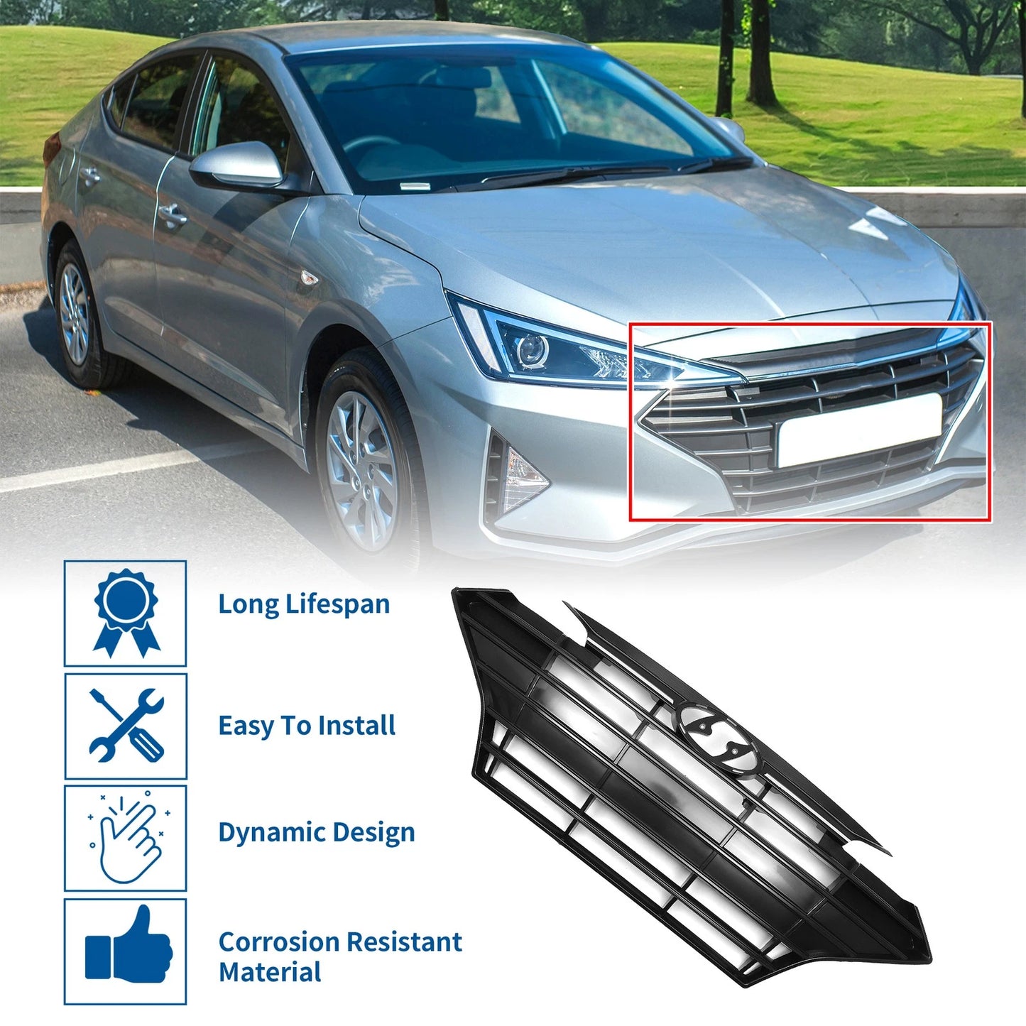 Front Upper Bumper Grille for Hyundai Elantra 2019-2020 Black