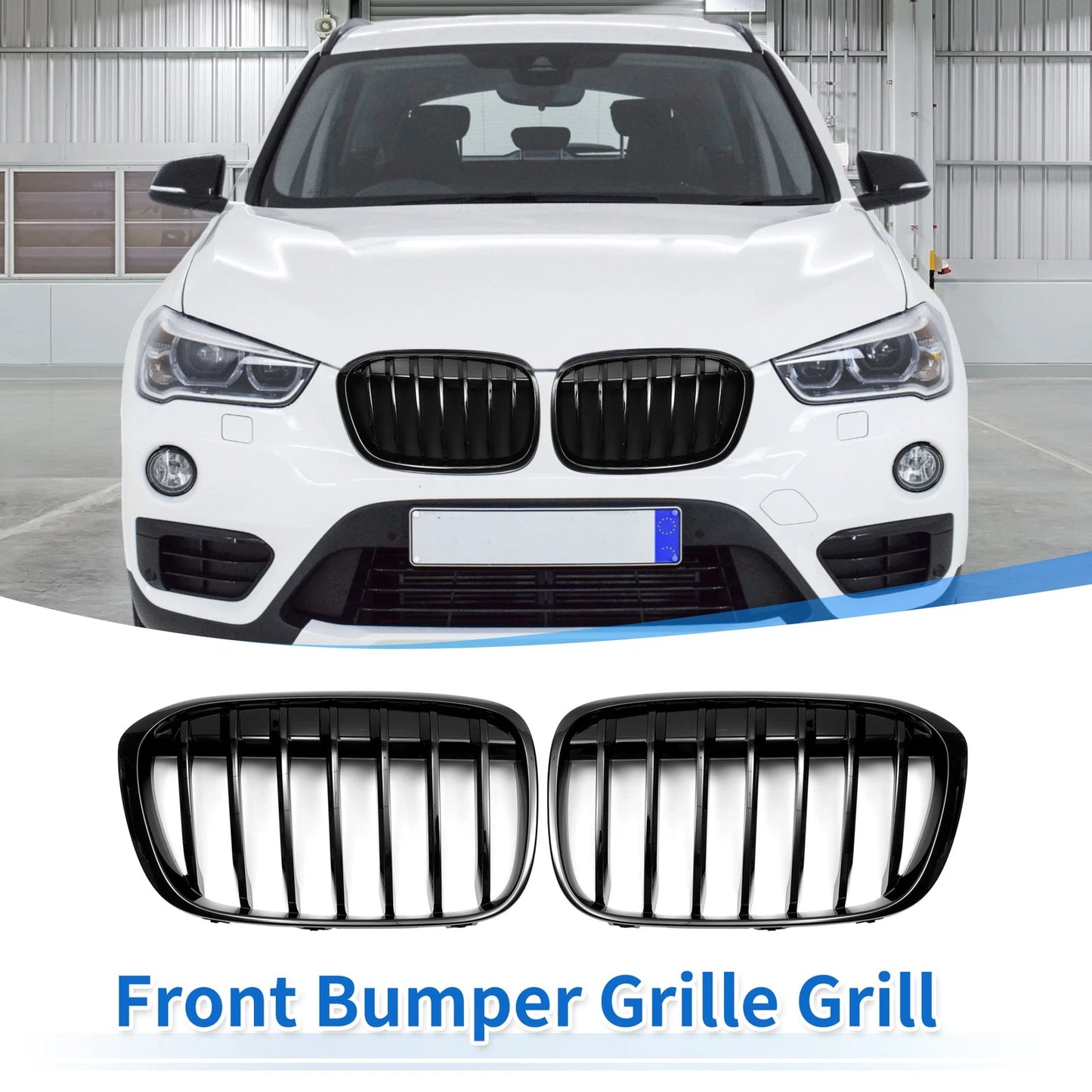 Front Upper Bumper Grille Grill for BMW X1 F48 2016-2022 Gloss Black