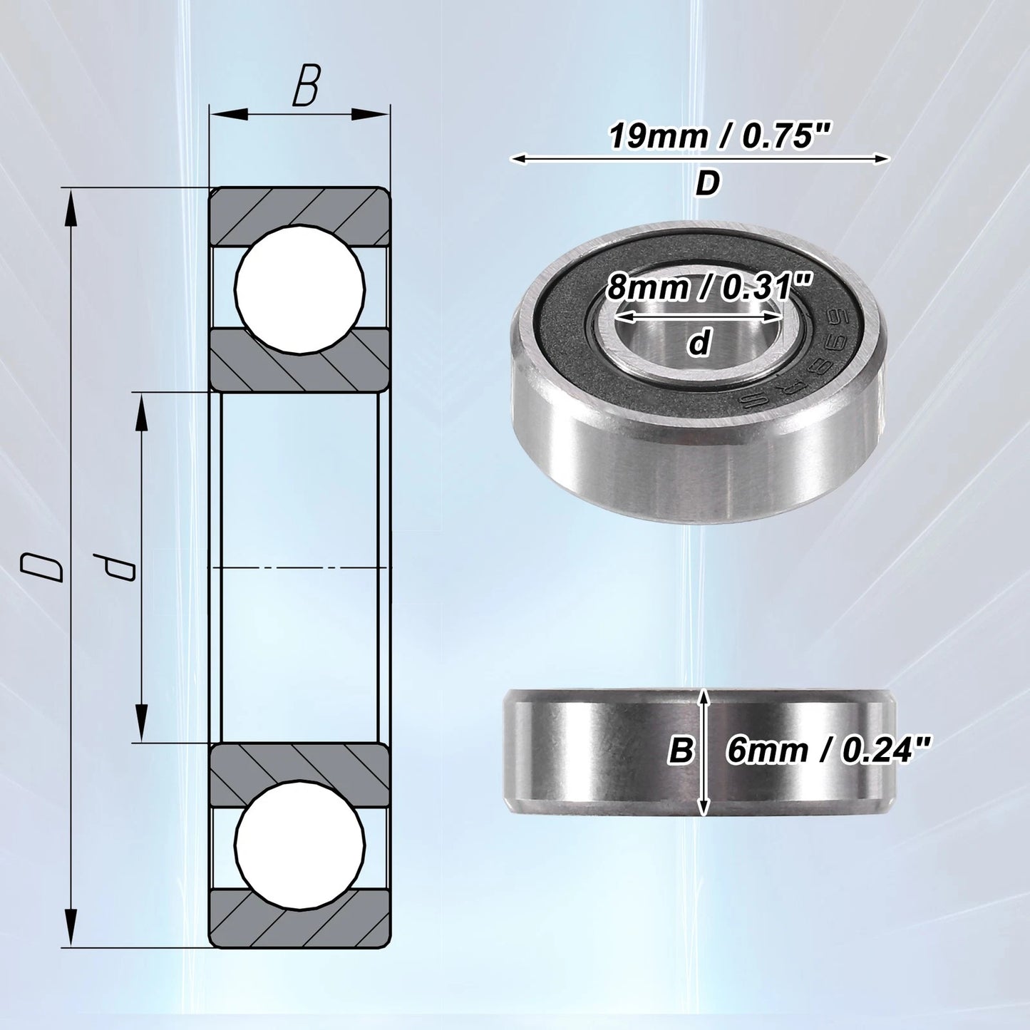 5 x 8x19x6mm Double Rubber Sealed Deep Groove Ball Bearings for Make Model