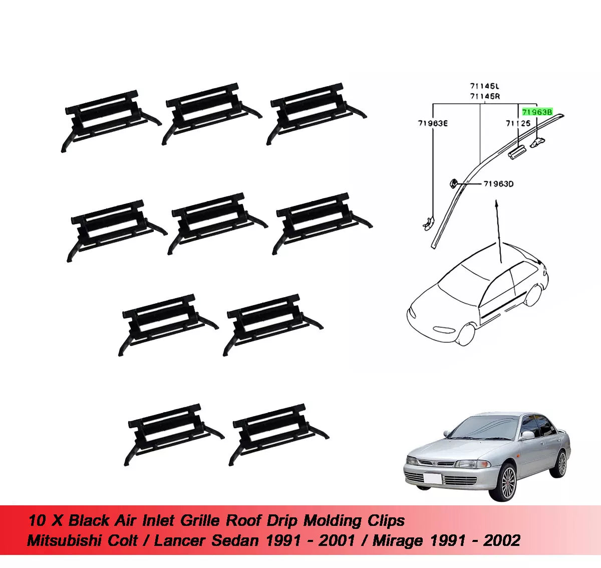10 x Black Roof Moulding Clips for Mitsubishi Colt Lancer Sedan Mirage (91-01)
